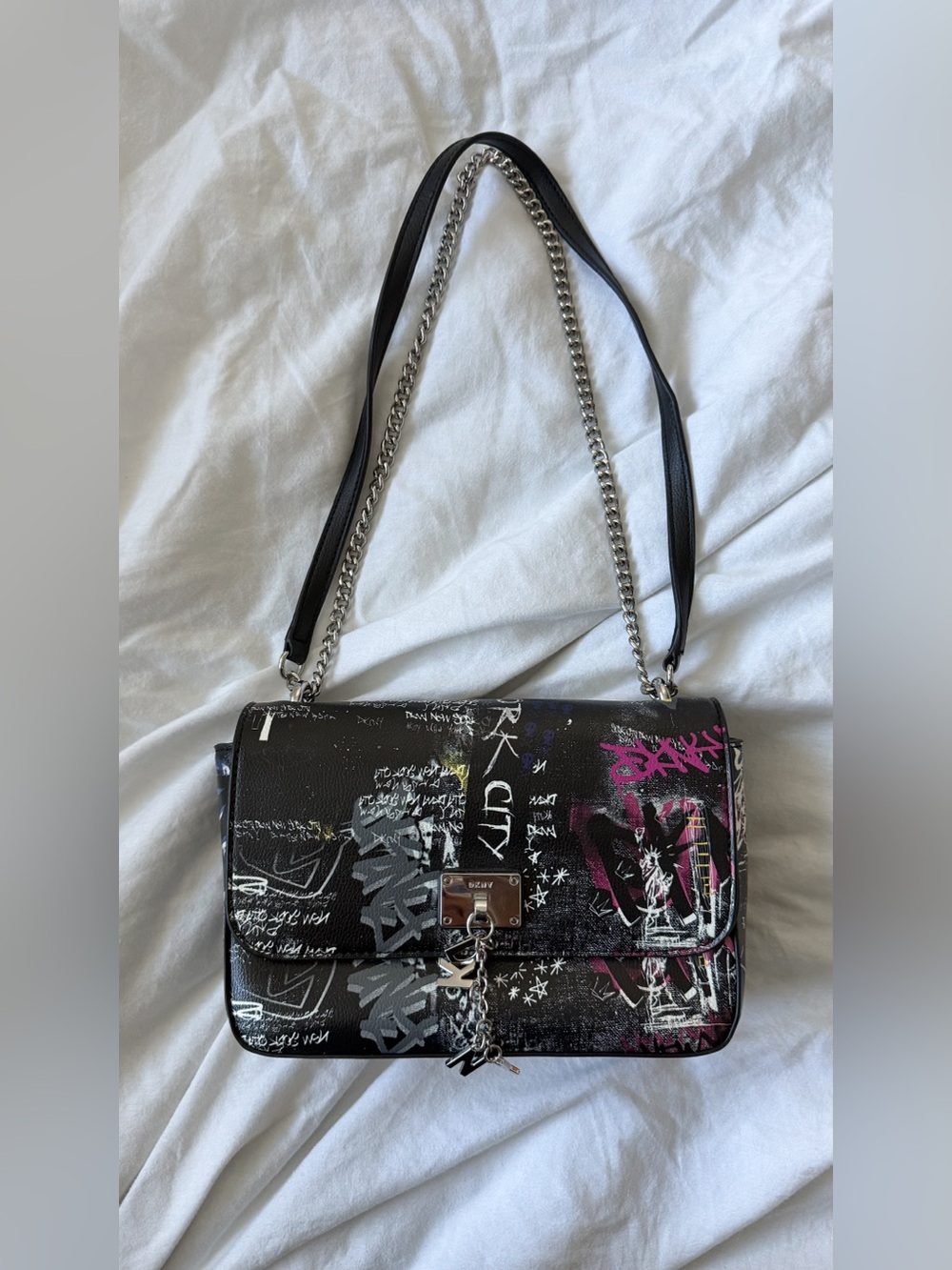 Black Graffiti-Print Shoulder Bag with Chain Strap